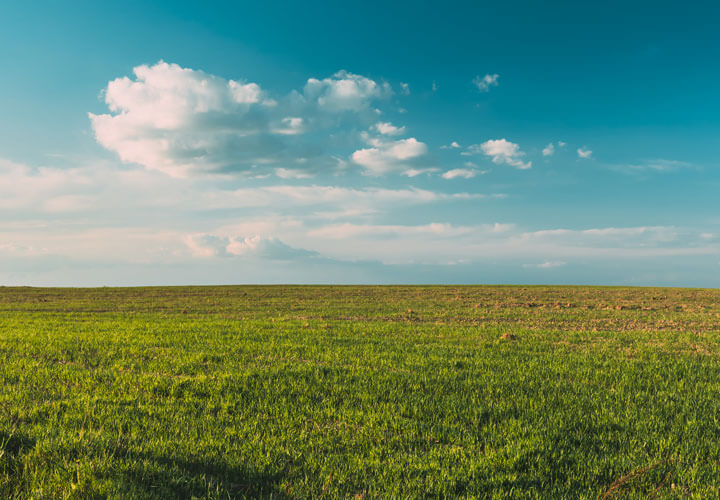 A blue sky with white clouds above a green field.